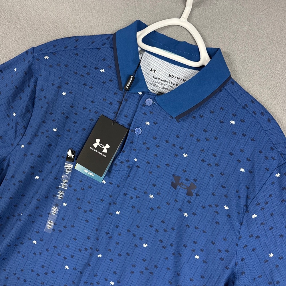 Under Armour Polo Shirt Mens Medium Blue Iso-Chill Edge Palm Tree Print Golf NWT